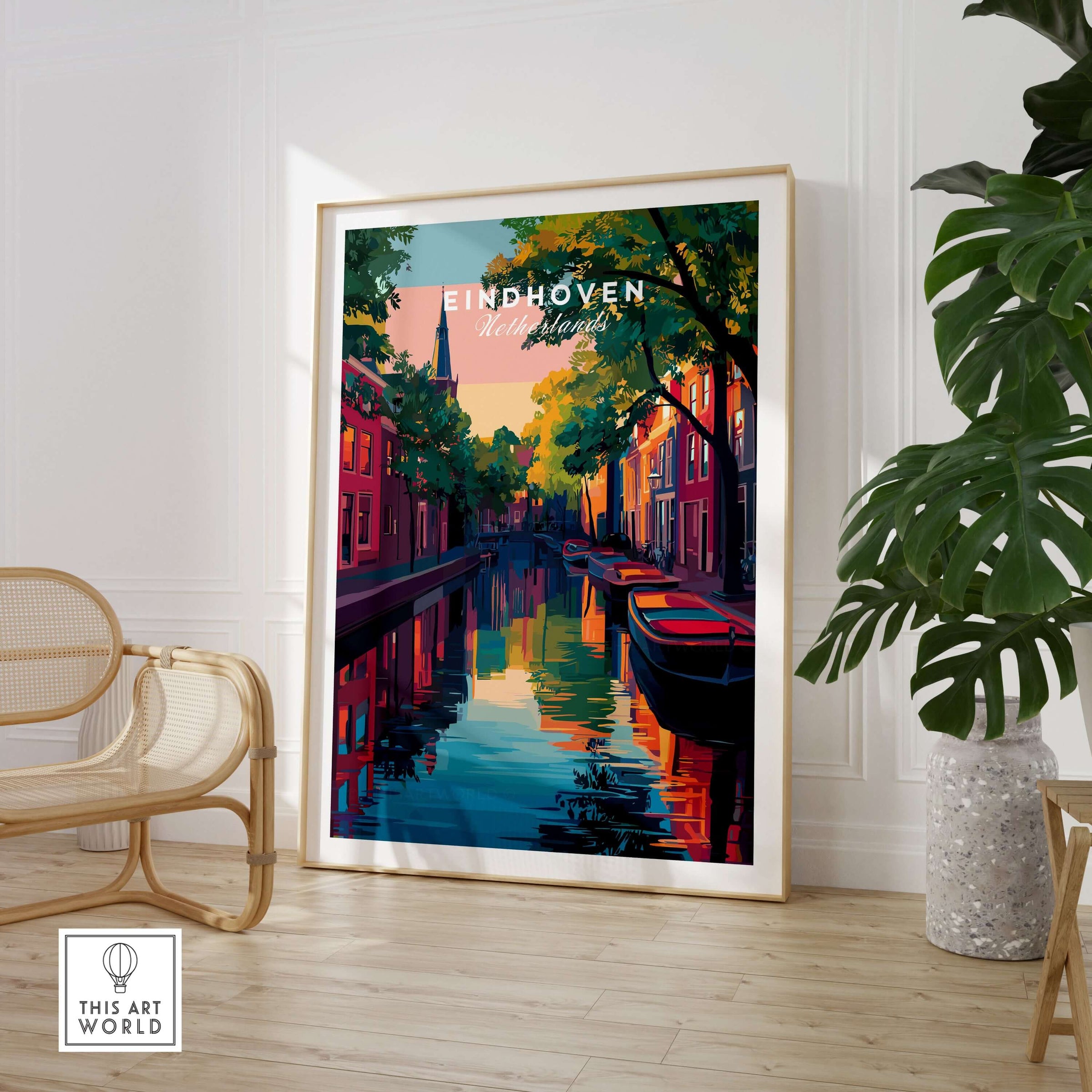 Eindhoven Print | Netherlands Travel Wall Art featuring vibrant architecture and serene water reflections.
