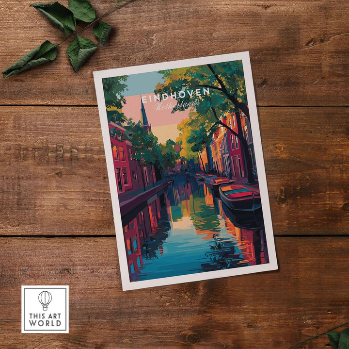 Eindhoven Print | Netherlands Travel Wall Art showcasing vibrant canals and architecture in colorful illustration.
