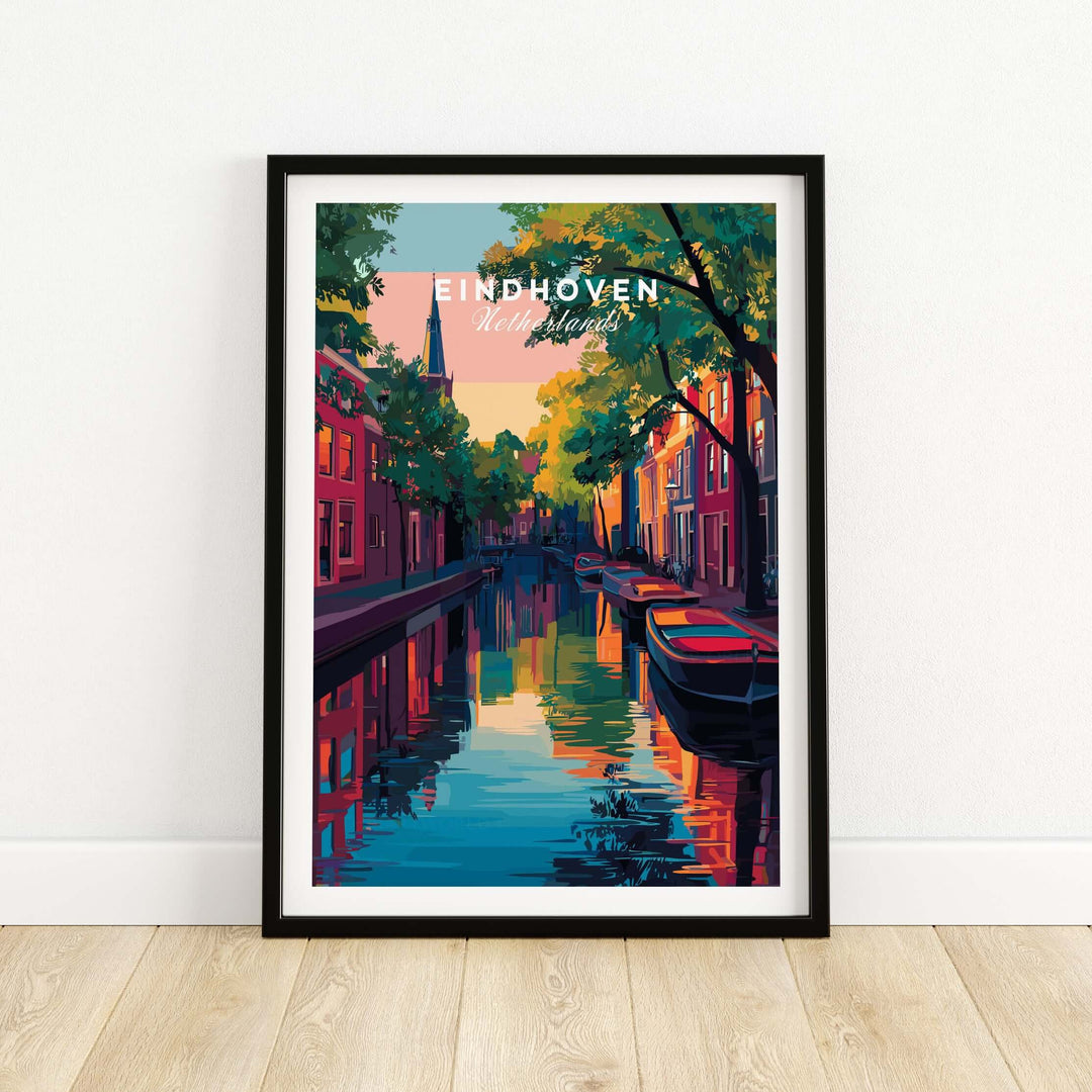 Eindhoven Print | Netherlands Travel Wall Art showcasing colorful architecture and tranquil canal reflections.