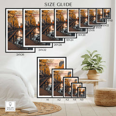 Eindhoven Print | Netherlands Home Decor Walll Art size guide with various frame options displayed.