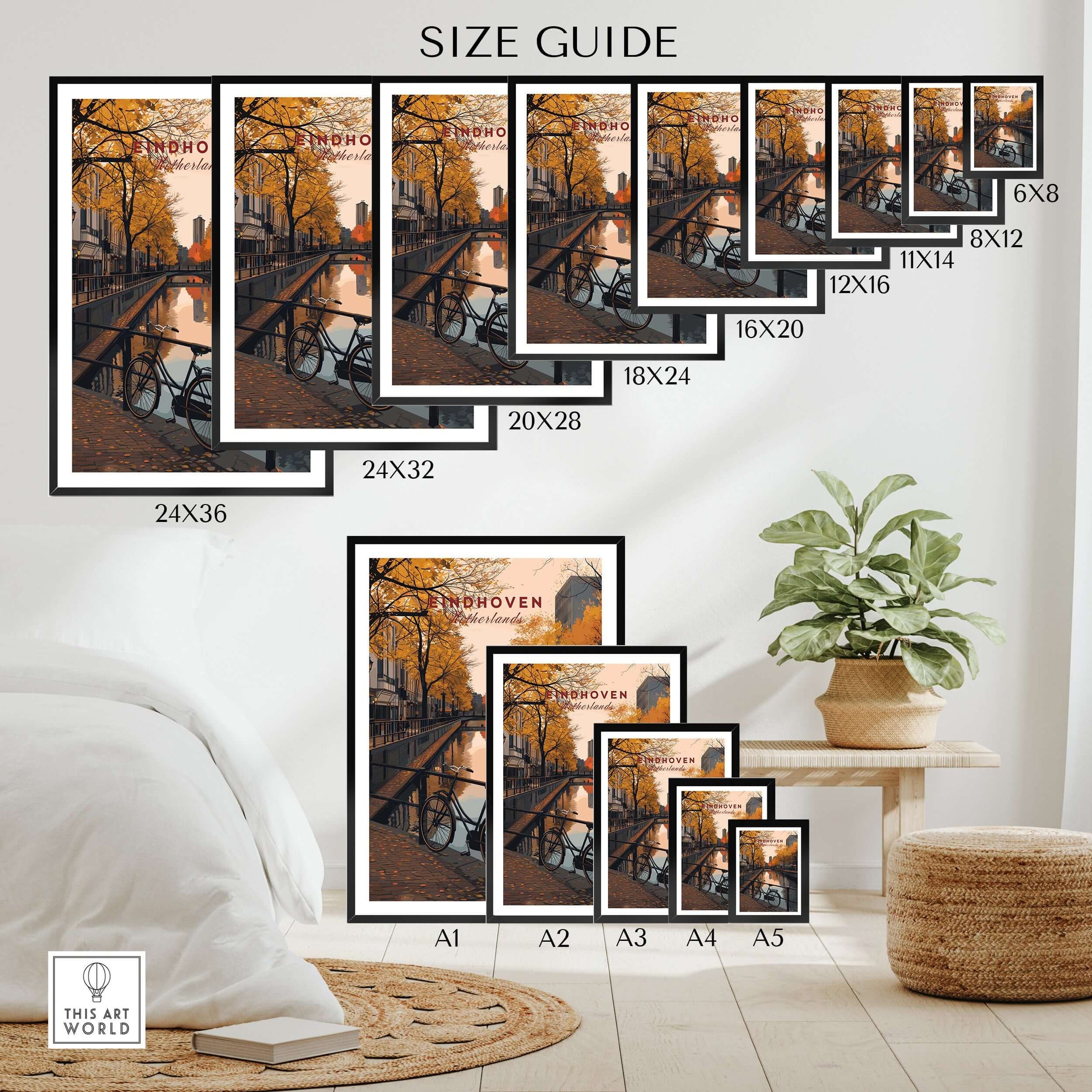 Eindhoven Print | Netherlands Home Decor Walll Art size guide with various frame options displayed.