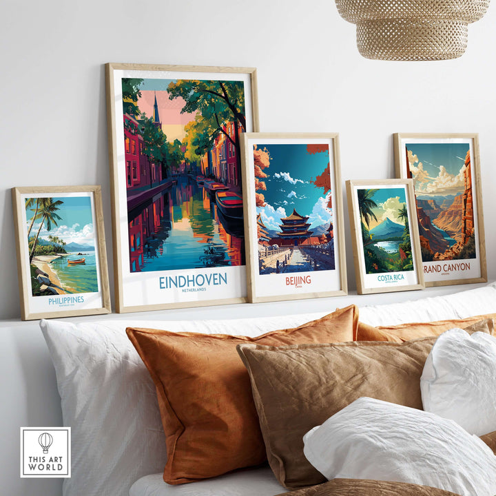 Eindhoven Art Print | Urban Sunset Reflections Poster displayed among other travel art prints in a cozy setting.