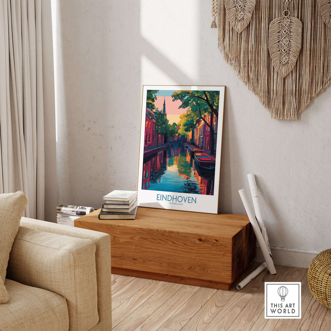 Eindhoven Art Print | Urban Sunset Reflections Poster displayed in a cozy living room setting.