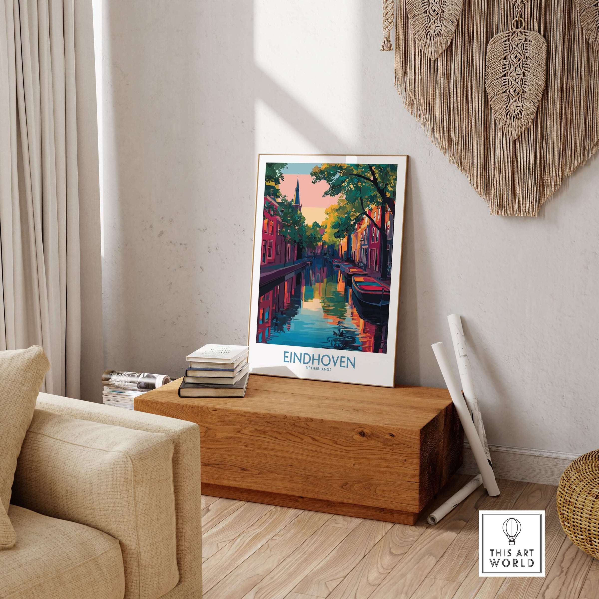 Eindhoven Art Print | Urban Sunset Reflections Poster displayed in a stylish living room setting.
