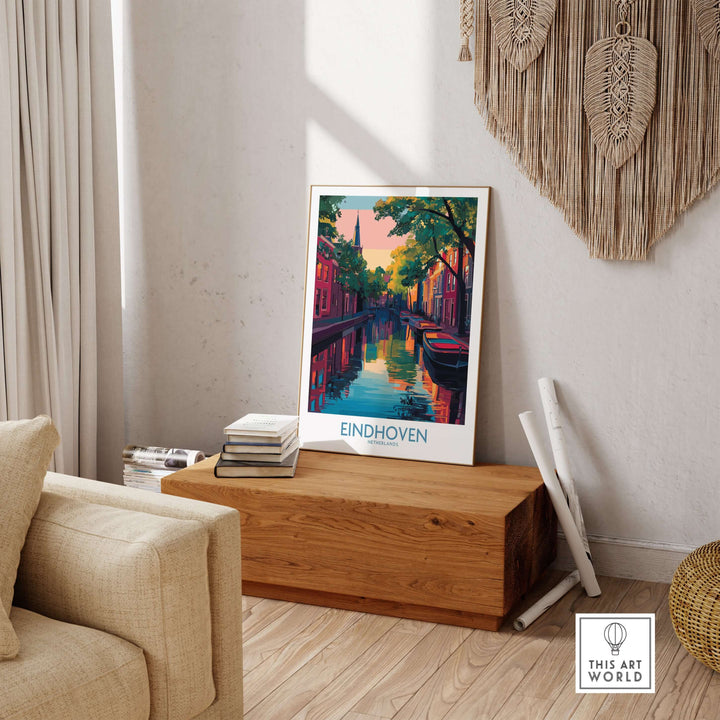 Eindhoven Art Print | Urban Sunset Reflections Poster displayed in a cozy living room setting.