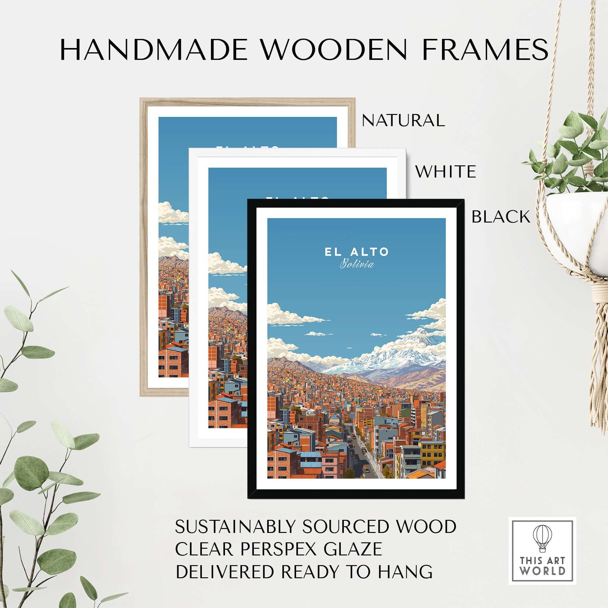 Handmade wooden frames in natural, white, and black options for the El Alto Bolivia Cityscape Mountain View Poster - High Altitude City Wall Art.