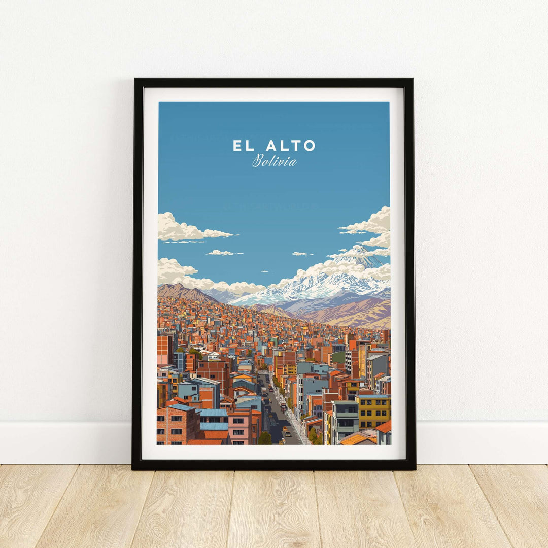 El Alto Bolivia cityscape poster showcasing colorful buildings and majestic mountains under a blue sky.