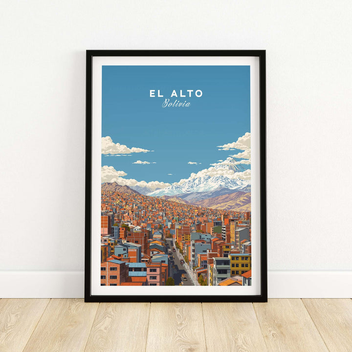 El Alto Bolivia cityscape poster showcasing colorful buildings and majestic mountains under a blue sky.