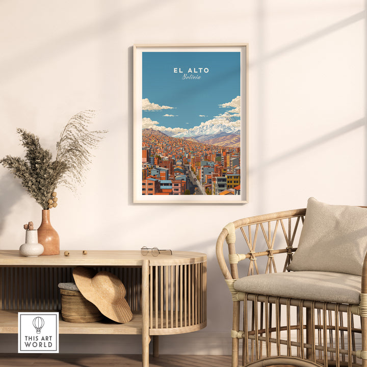 El Alto Bolivia cityscape mountain view poster framed in a stylish living room.