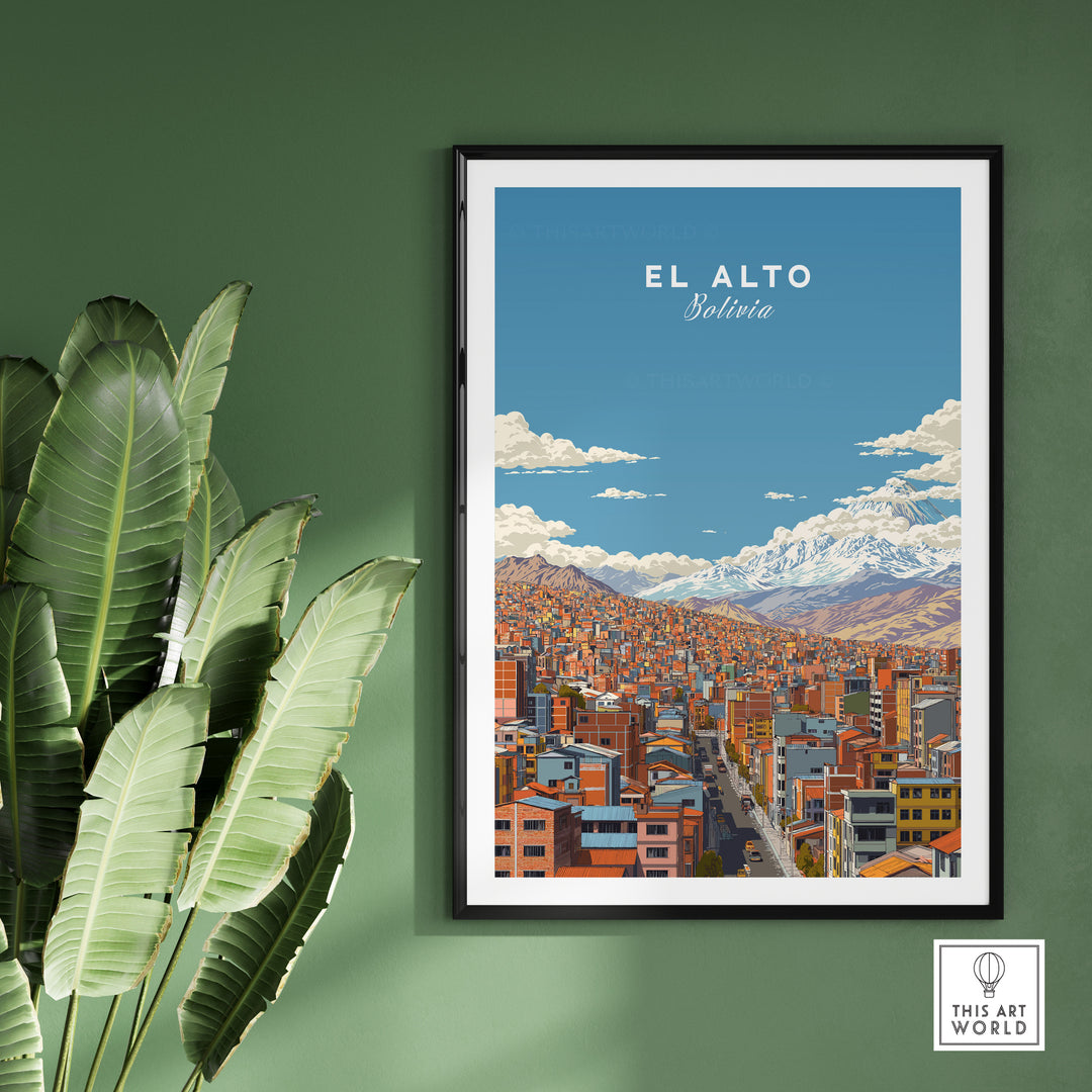 El Alto Bolivia cityscape poster featuring vibrant buildings and Andean mountains against a blue sky.