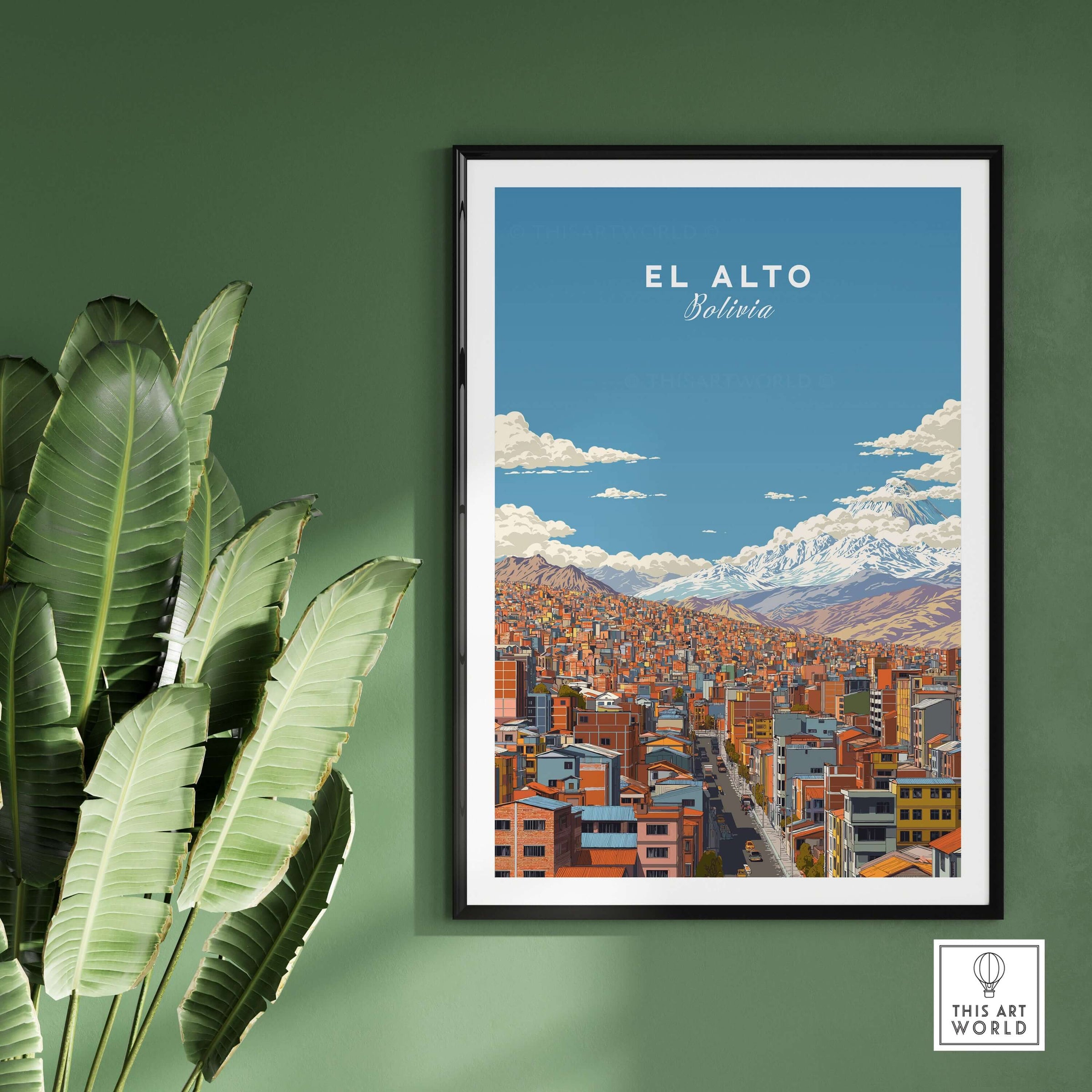 El Alto Bolivia Cityscape Mountain View Poster - High Altitude City Wall Art framed on a green wall with plants.