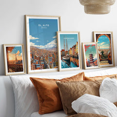 El Alto Bolivia Cityscape Mountain View Poster - High Altitude City Wall Art framed on a cozy sofa with decorative pillows.