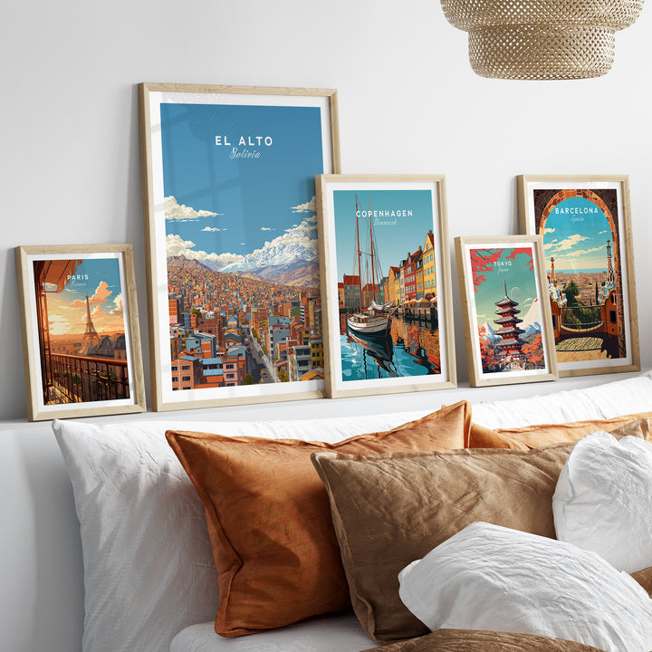 Stylish wall art featuring El Alto Bolivia cityscape and other city posters, decor for urban living spaces.