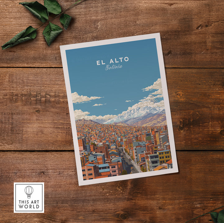 El Alto Bolivia cityscape poster featuring vibrant buildings and majestic mountains in high altitude.