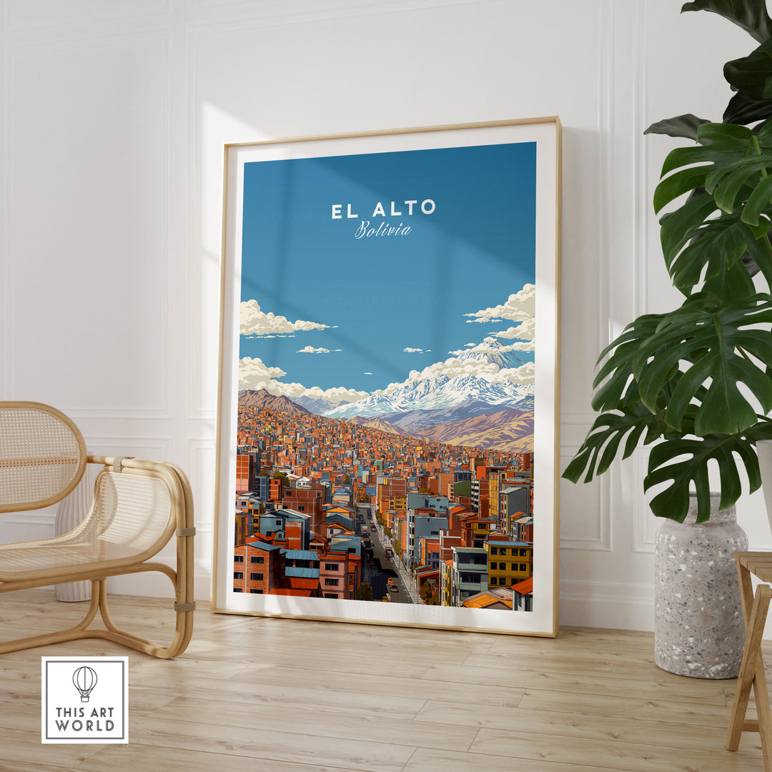 Framed poster of El Alto Bolivia cityscape with Andean mountains in background, vibrant wall art for home decor.