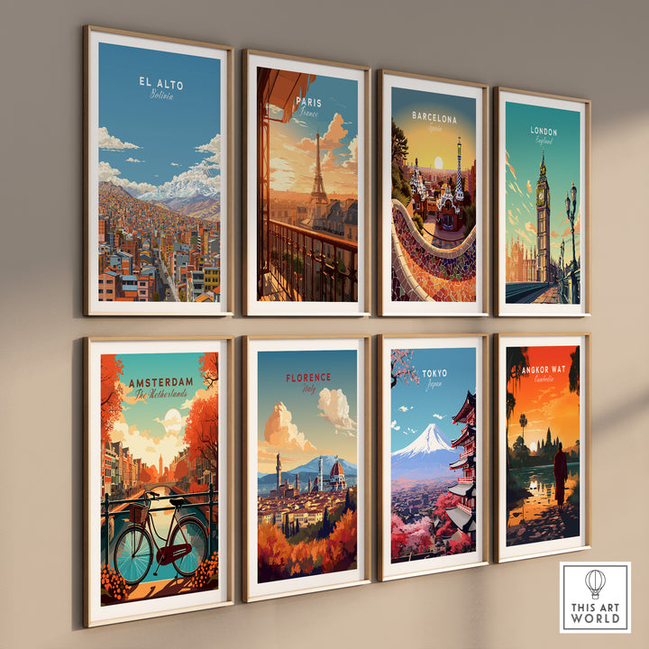 Wall art showcasing cityscape posters of El Alto, Paris, Barcelona, London, Amsterdam, Florence, Tokyo, and Angkor Wat.