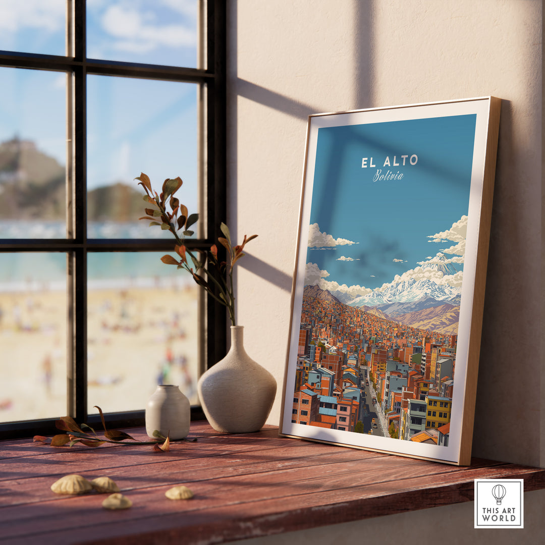 El Alto Bolivia cityscape mountain view poster displayed in a stylish interior, showcasing colorful urban landscape.