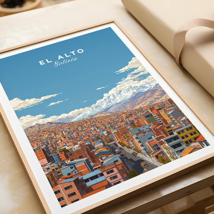 El Alto Bolivia cityscape poster showcasing colorful buildings and Andean mountains against a bright blue sky.