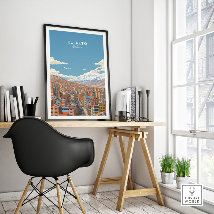 El Alto Bolivia cityscape mountain view poster displayed on a stylish desk in a bright room.