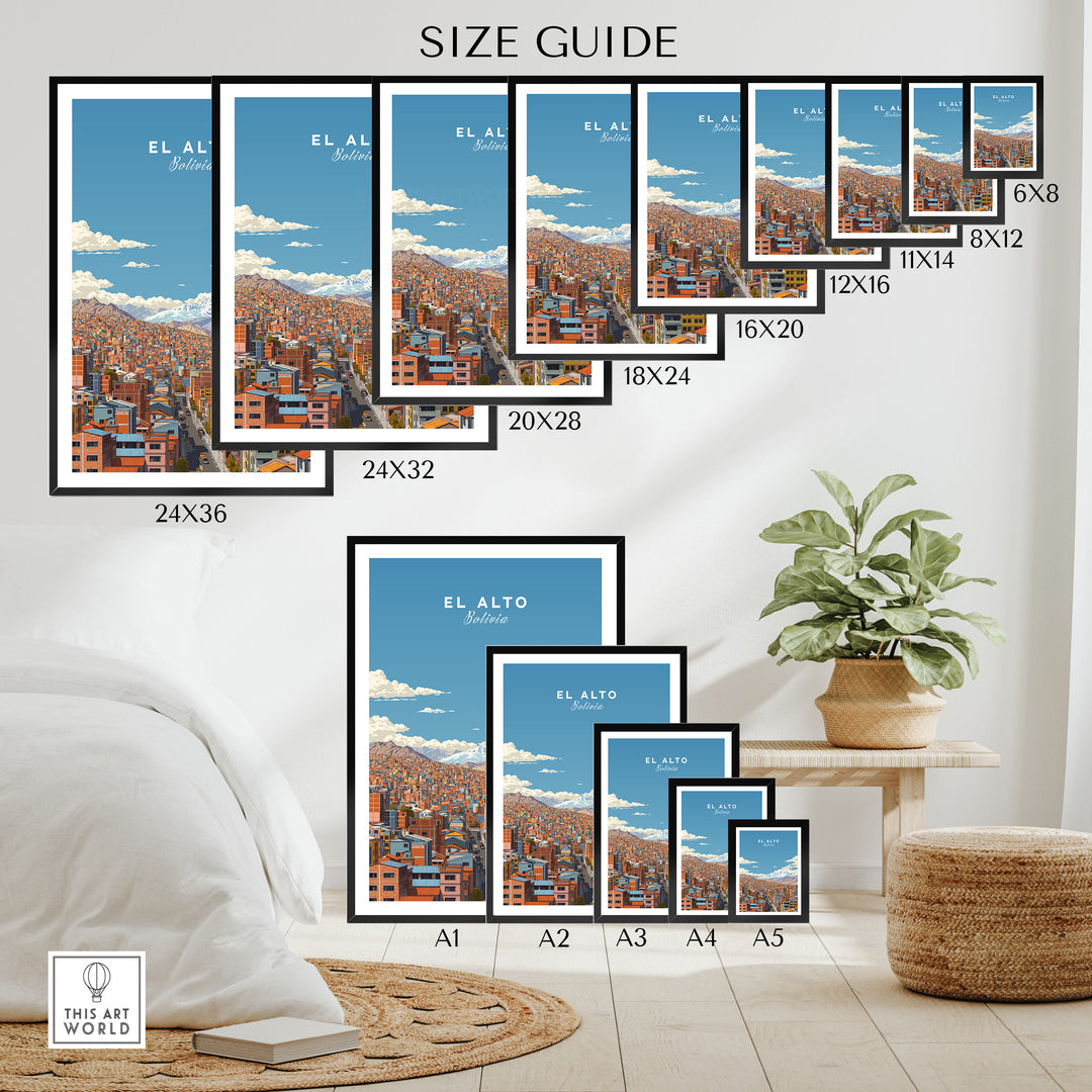 Size guide for El Alto Bolivia cityscape mountain view posters in various dimensions.