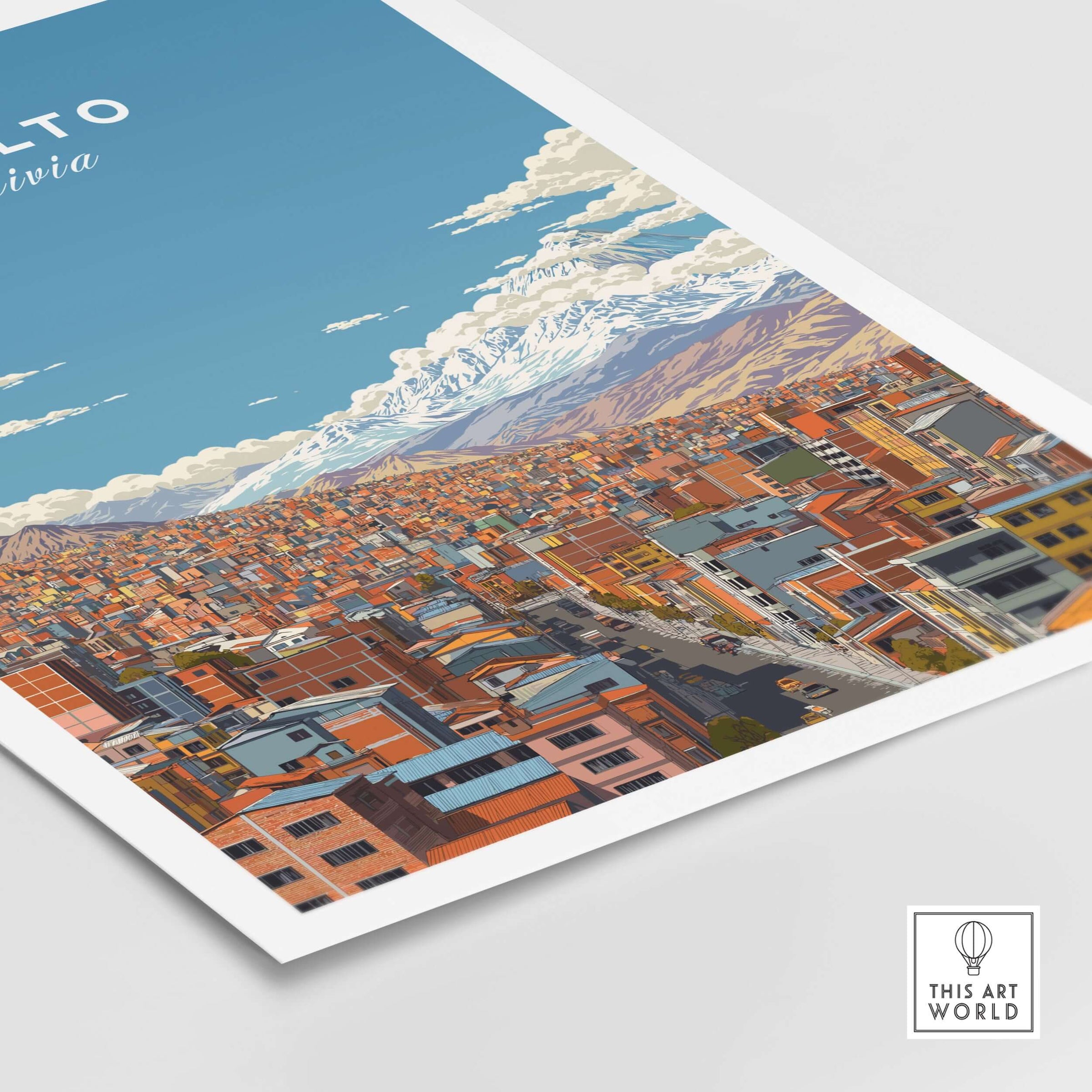 El Alto Bolivia Cityscape Mountain View Poster - High Altitude City Wall Art showcasing vibrant city and Andean peaks.