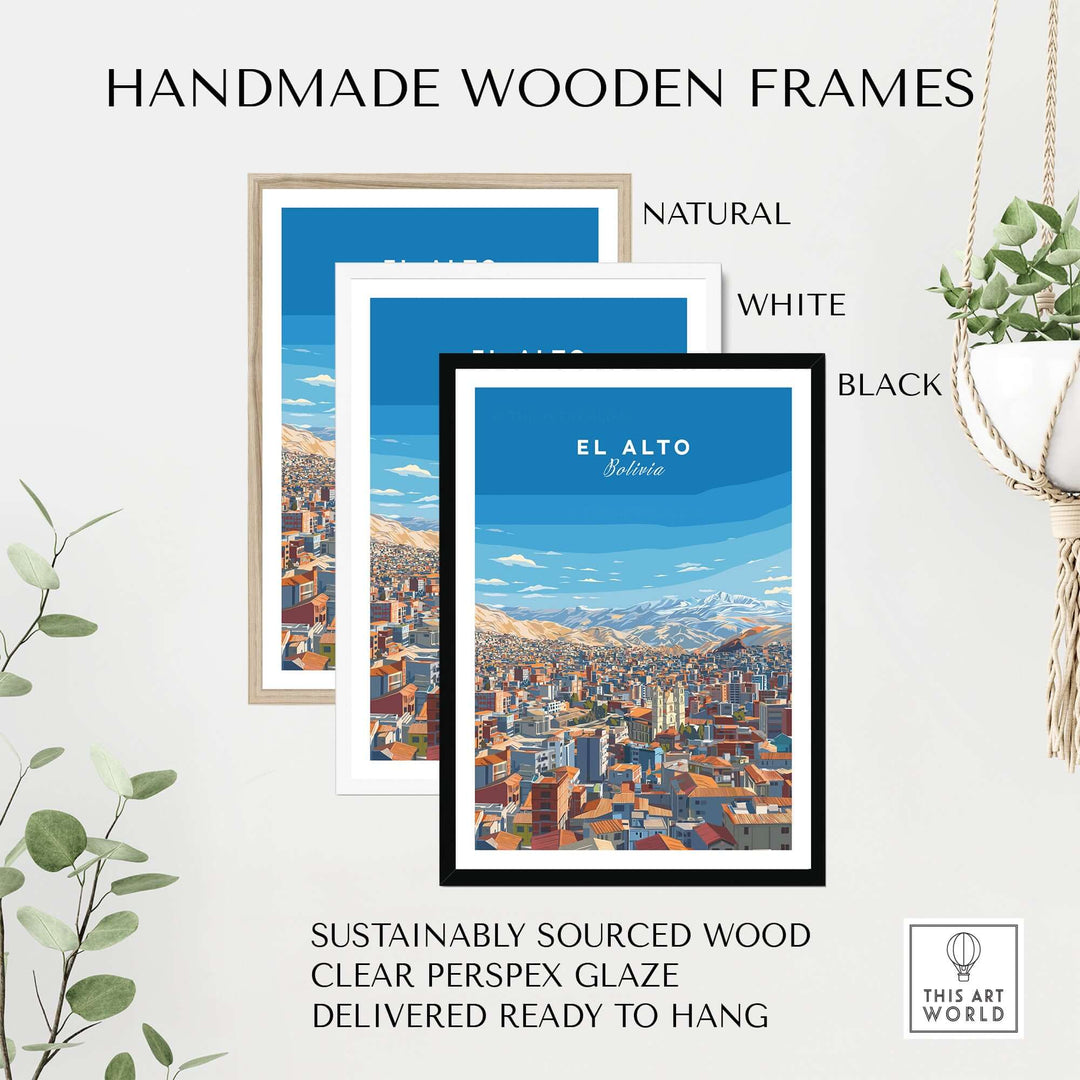 Handmade wooden frames in natural, white, and black for El Alto Bolivia panoramic art print, featuring sustainable materials.