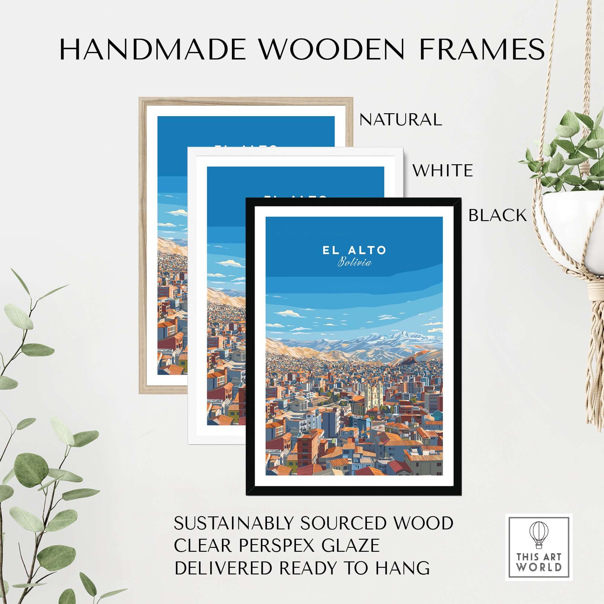 El Alto Bolivia Panoramic City Art Print - Bolivian Altiplano Poster in handmade wooden frames.