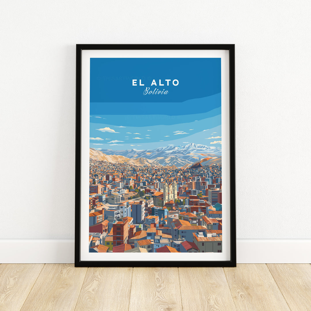 Framed panoramic art print of El Alto, Bolivia showcasing vibrant cityscape and the Altiplano.