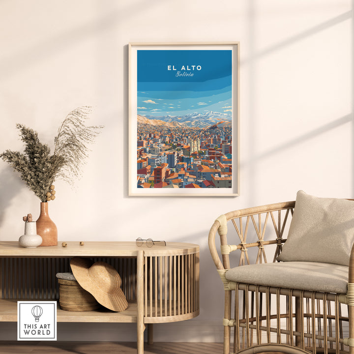 El Alto Bolivia panoramic city art print displayed in a home interior, showcasing vibrant urban landscape and mountains.