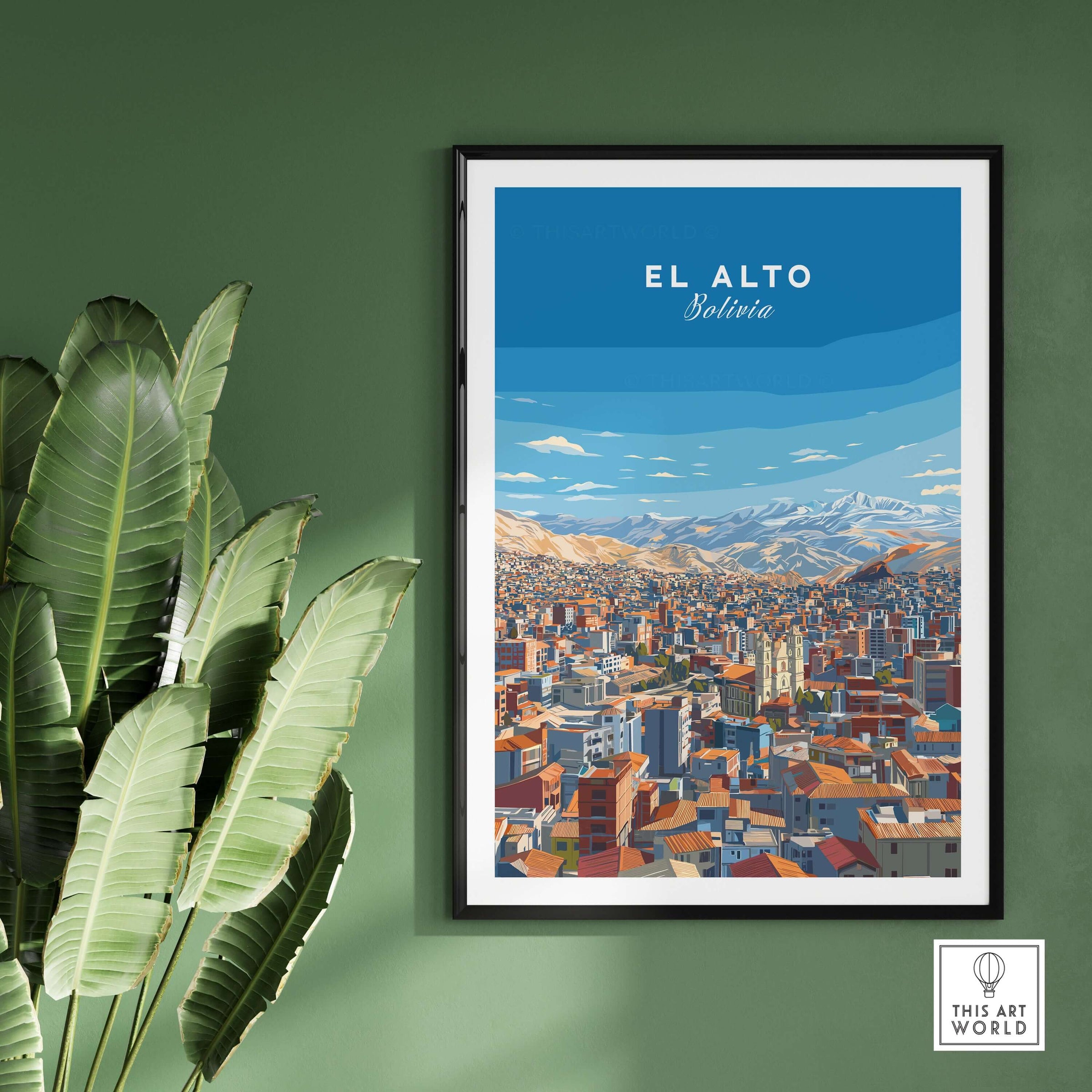 El Alto Bolivia Panoramic City Art Print - Bolivian Altiplano Poster displayed in a modern setting with greenery.