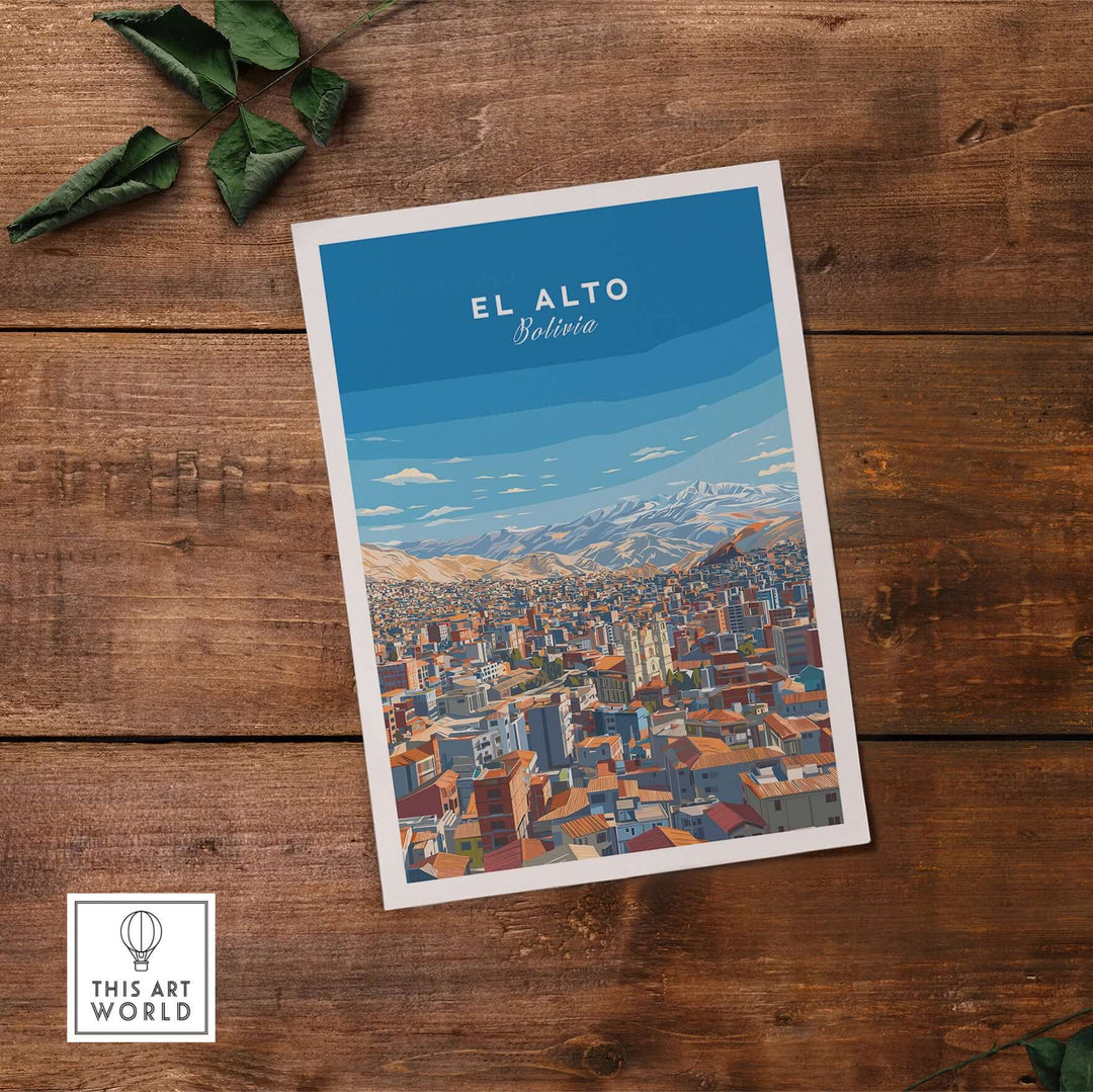 El Alto Bolivia Panoramic Art Print showcasing the vibrant city and Altiplano landscape on a wooden table.