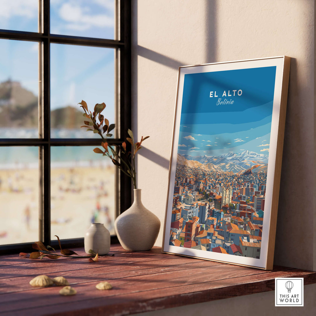 Framed panoramic art print of El Alto, Bolivia, showcasing vibrant cityscape and Altiplano scenery.