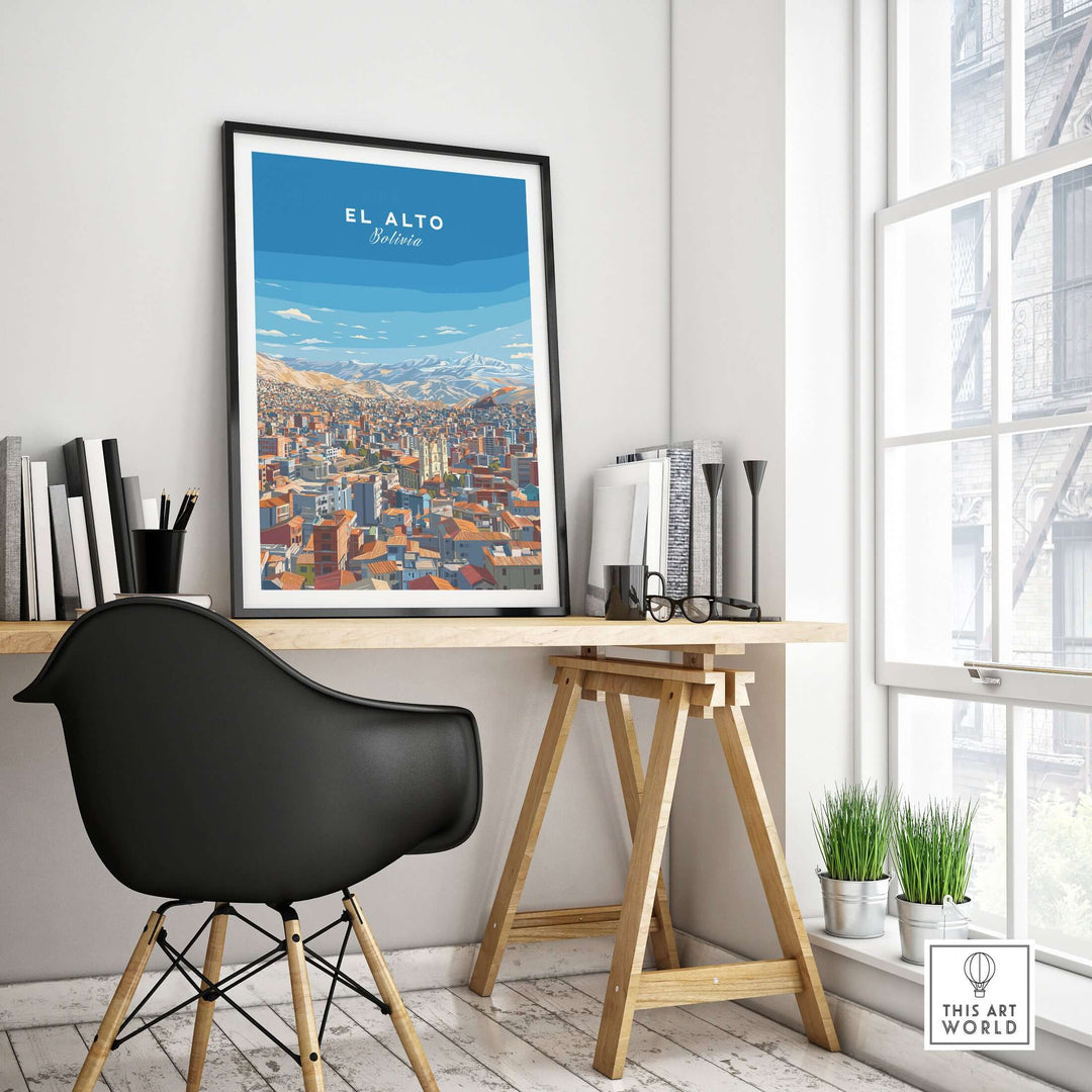 El Alto Bolivia panoramic city art print displayed in a modern workspace, showcasing vibrant urban scenery and high-altitude beauty.