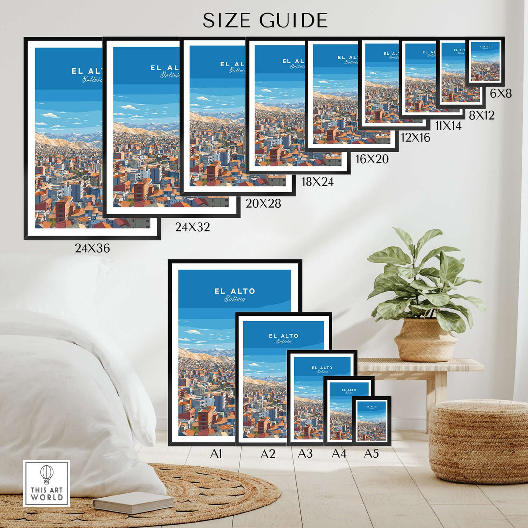 Size guide for El Alto Bolivia panoramic city art prints in various dimensions displayed in a modern interior.