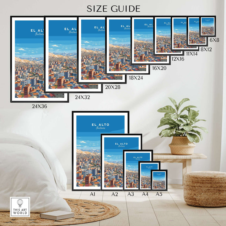 Size guide for El Alto Bolivia panoramic city art prints in various dimensions displayed in a modern interior.