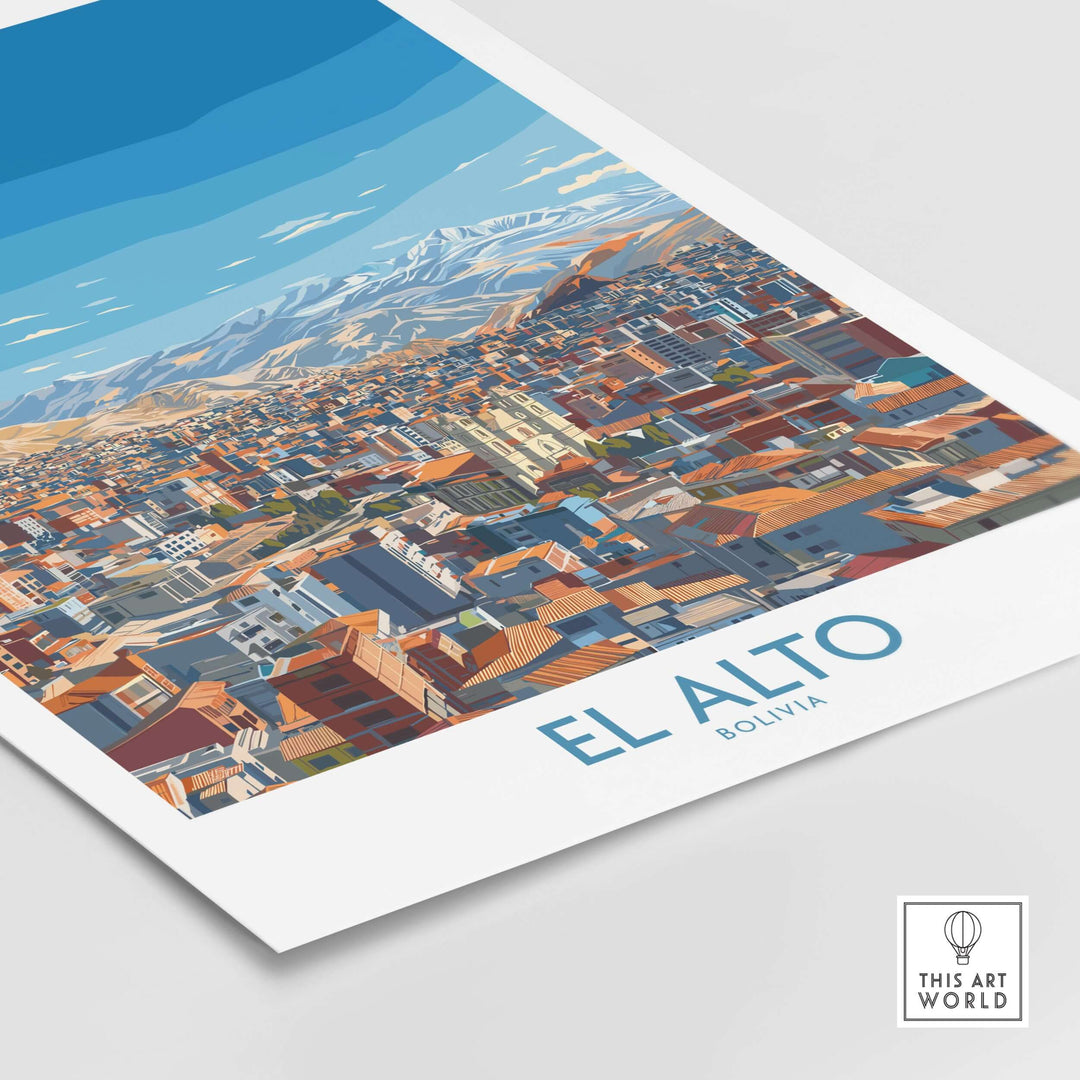 El Alto Bolivia Skyline Wall Art poster featuring vibrant cityscape and mountain backdrop.