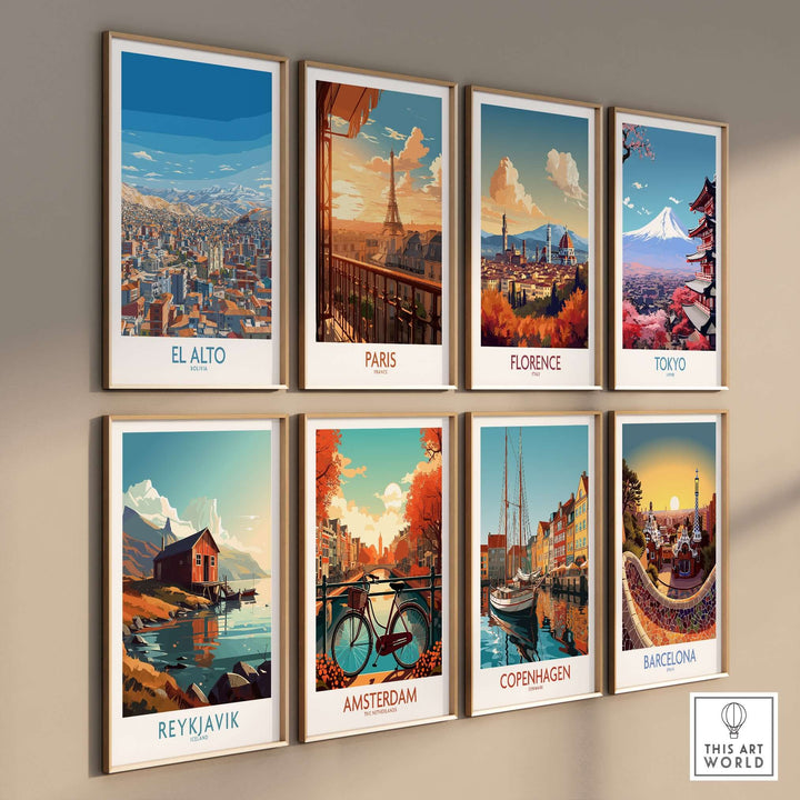 Wall art featuring cityscapes of El Alto, Paris, Florence, Tokyo, Reykjavik, Amsterdam, Copenhagen, and Barcelona.