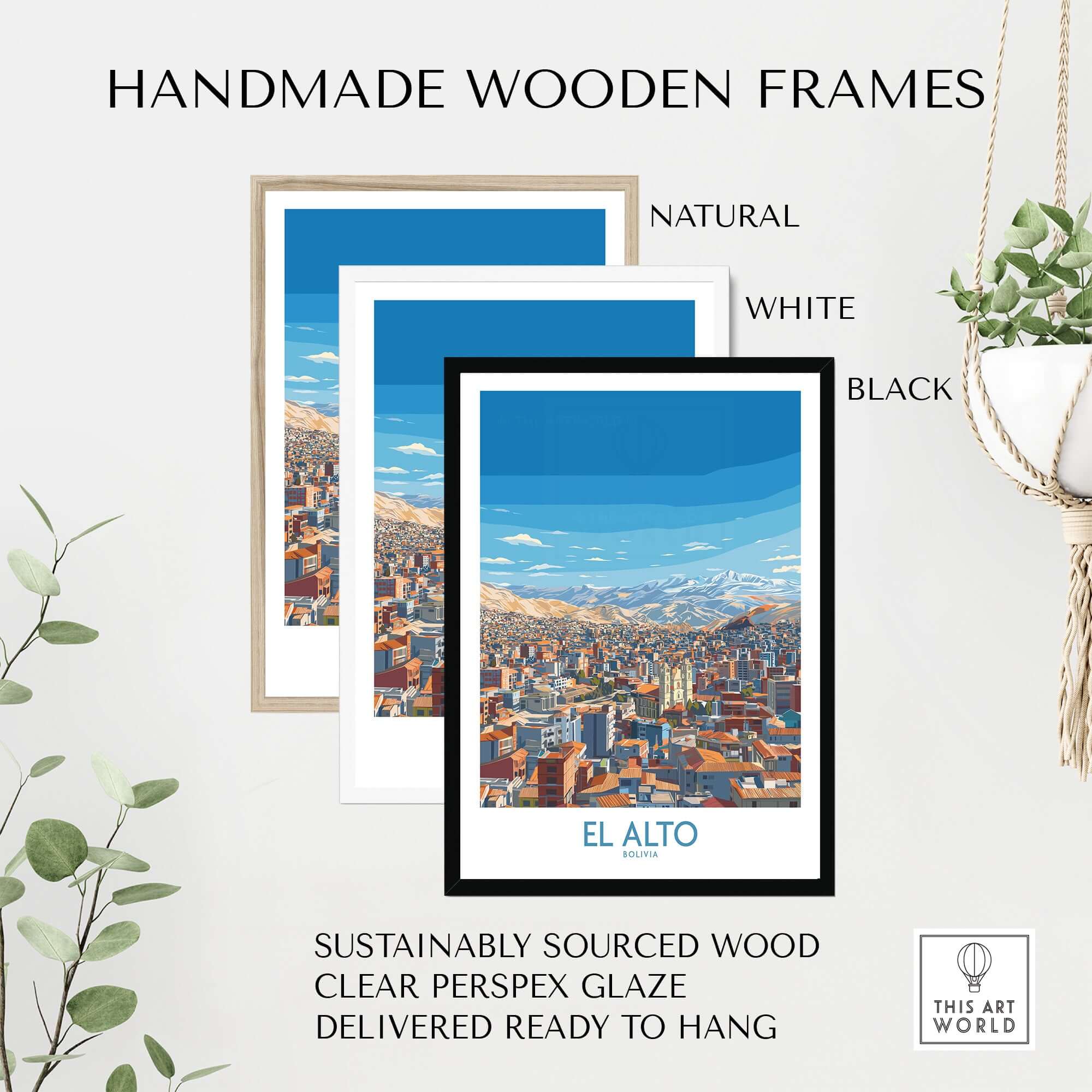 El Alto Bolivia Skyline Vista Wall Art - South American Cityscape Poster displayed in handmade wooden frames.