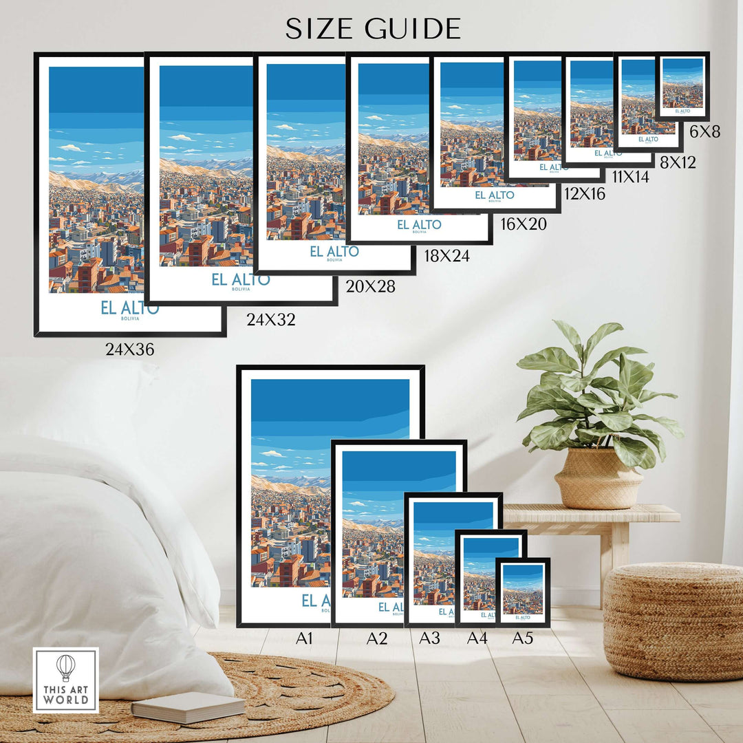 Size guide for El Alto Bolivia Skyline Vista wall art showcasing various frame sizes and vibrant cityscape designs.