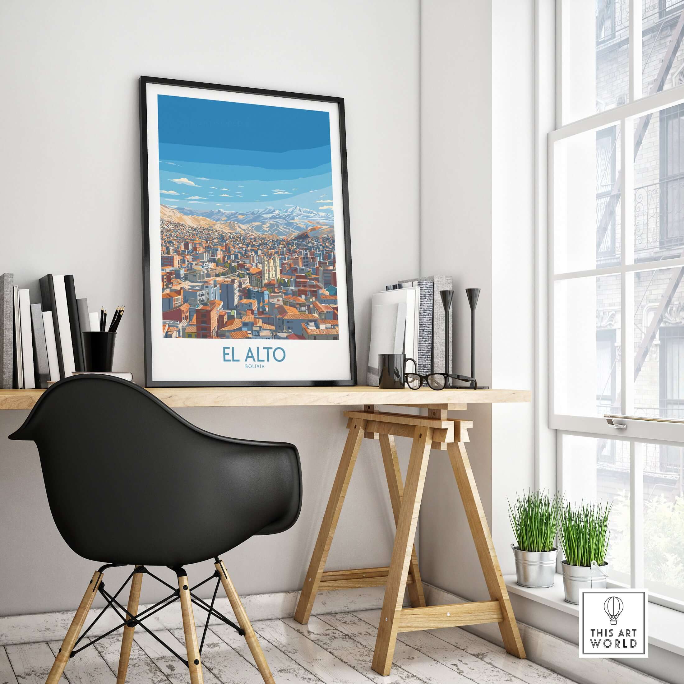 El Alto Bolivia Skyline Vista Wall Art - South American Cityscape Poster displayed in a modern home office setting.