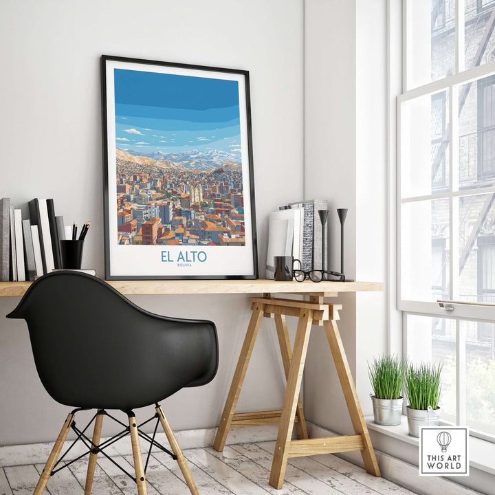 El Alto Bolivia skyline wall art poster displayed in a modern workspace, featuring urban cityscape and dramatic sky.