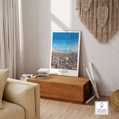 El Alto Bolivia Skyline Vista Wall Art - South American Cityscape Poster displayed in modern living room decor.