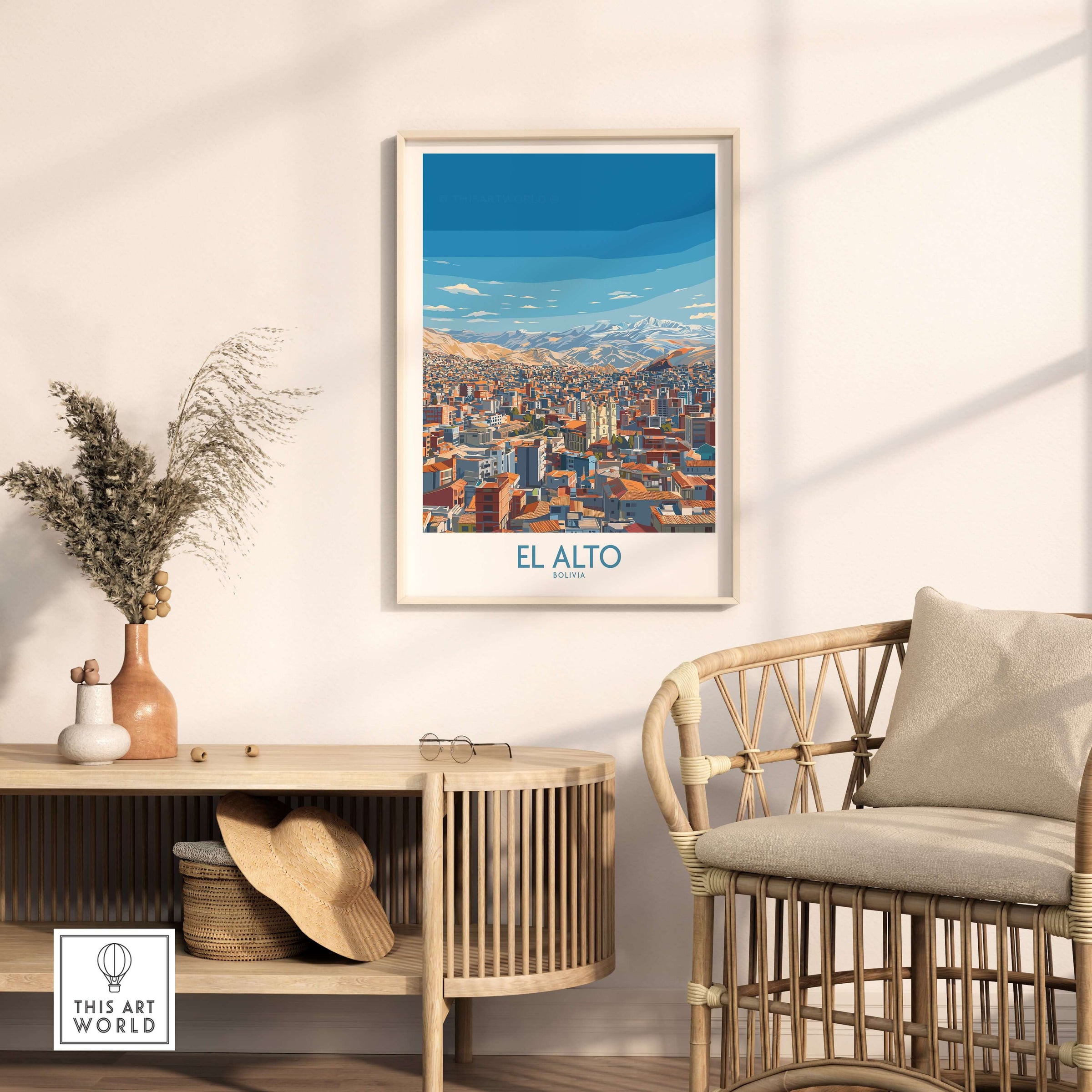 El Alto Bolivia Skyline Vista Wall Art - South American Cityscape Poster displayed in a chic living room setting.