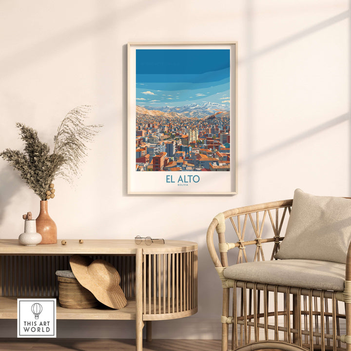 El Alto Bolivia skyline wall art poster displayed in a modern living room setting with natural decor.
