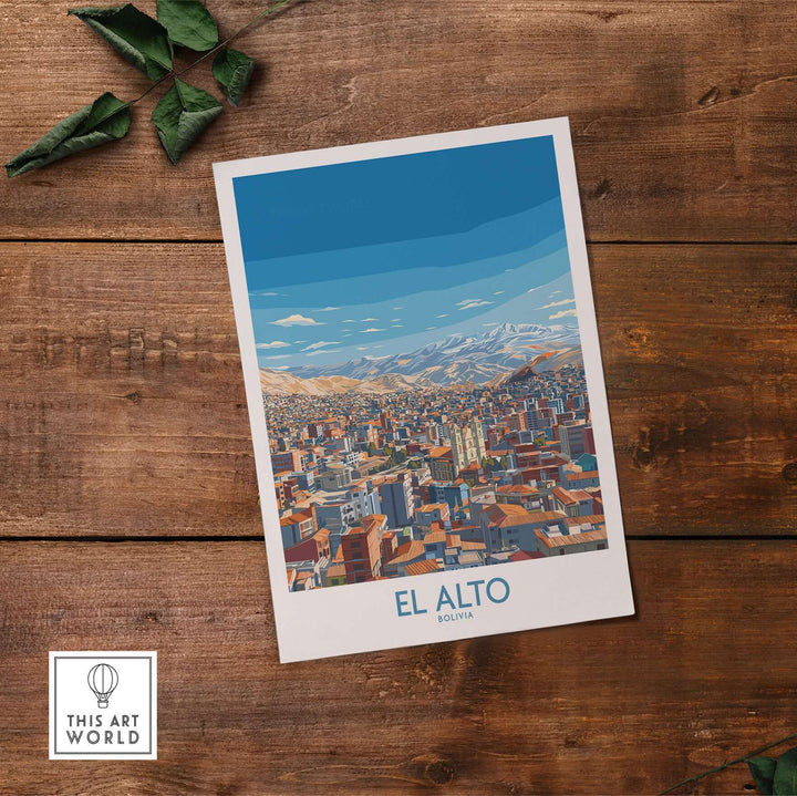 El Alto Bolivia skyline wall art poster showcasing cityscape and mountains in vibrant colors.