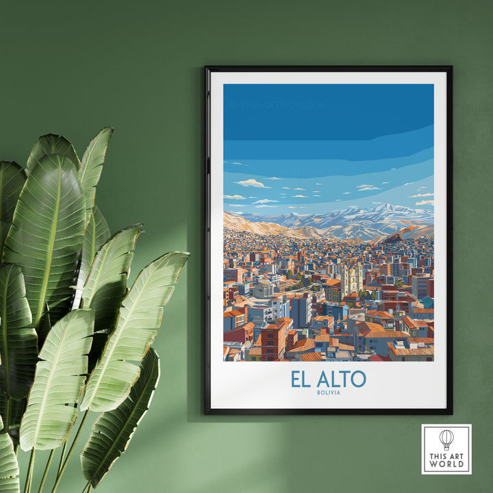 El Alto Bolivia cityscape wall art featuring vibrant skyline and mountains, ideal for home decor.