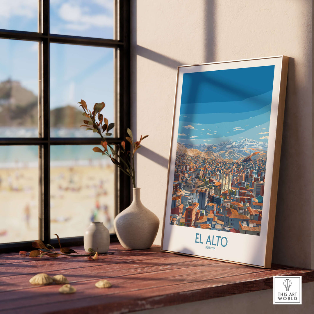El Alto Bolivia skyline wall art poster displayed on a windowsill, featuring vibrant cityscape and mountains.