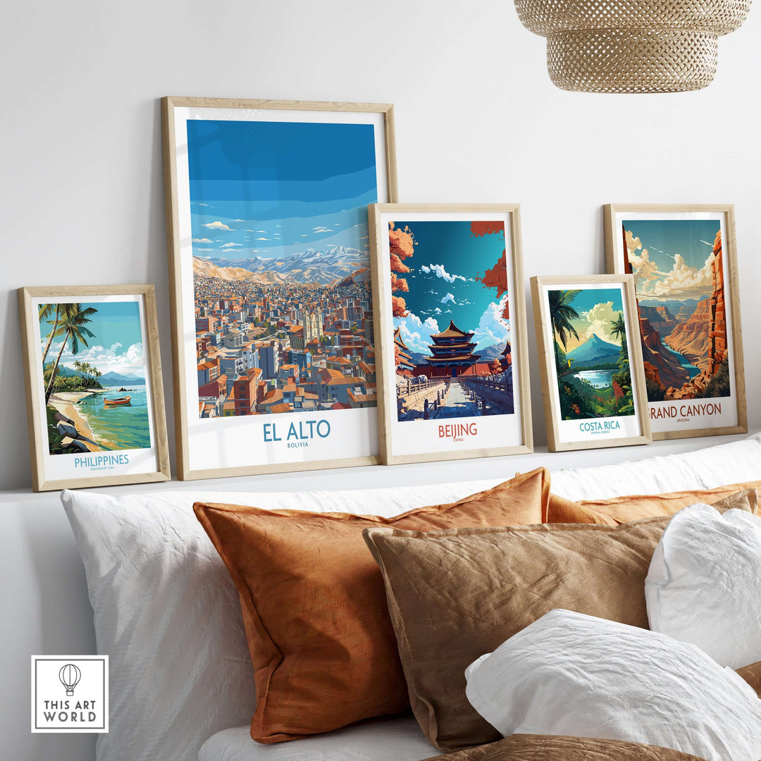 Framed skyline art featuring El Alto, Bolivia among other cityscape posters on a stylish wall display.