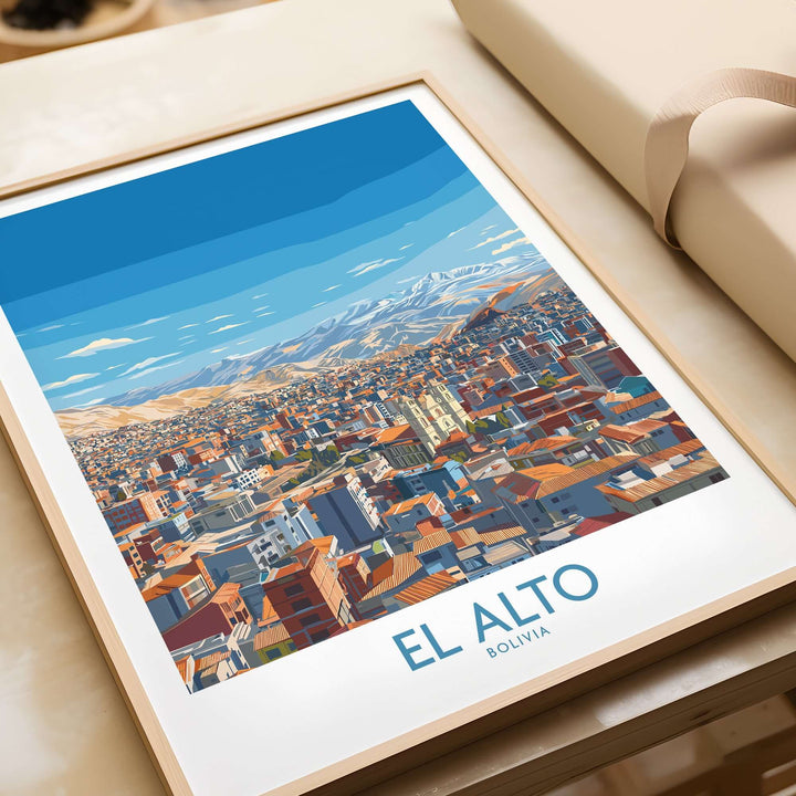 El Alto Bolivia skyline wall art poster showcasing an urban cityscape with mountains in the background.