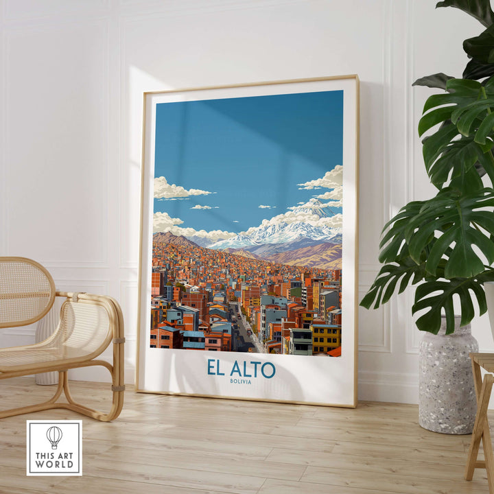El Alto Bolivia urban landscape print featuring cityscape and Andes Mountains, vibrant travel decor for any space.